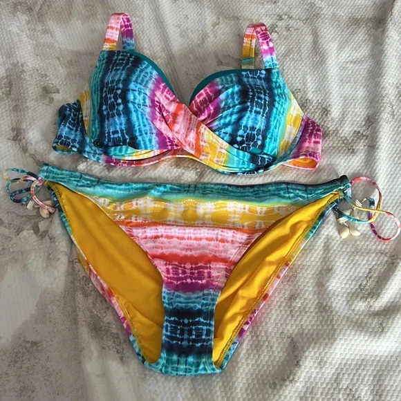 Bleu Rod Beattie Rainbow Tye Dye D-Cup Swim Top 38D Bottom Size 14 - Picture 5 of 9